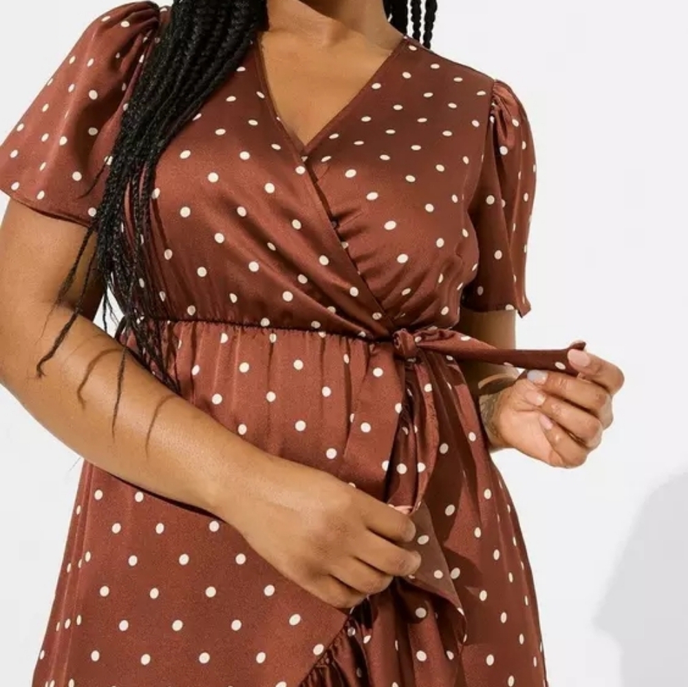 Torrid Brown Polka Dot Mini Faux Wrap Dress - Picture 14 of 16